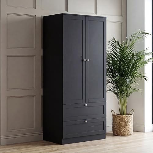 Vida Designs Altino 2 Door 2 Drawer Wardrobe - Black - Bedroom Furniture - 170H x 77W x 53D cm - With Storage Shelf & Hanging Rail - Modern Storage Cupboard Units