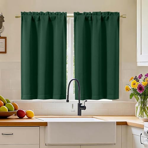 "Simplebrand Ever Green Blackout Curtains 45 inch Length 2 Panels, Thermal Insulating Energy Saving Tiers Drapes with Rod Pocket, Small Window Drapes Black Out Bathroom Laundry Room RV, Each 30""Wx45""L"