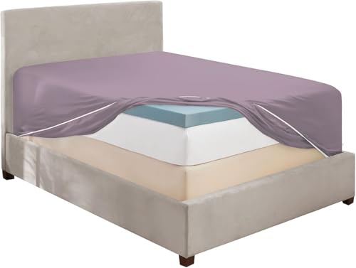 Hearth & Harbor Extra Deep Pocket Cal King Fitted Sheet, Dusty Purple - Fits 18 to 24 Inch Mattress, Ultra Soft 1800 Microfiber, Wrinkle-Free & Breathable, Hotel Luxury, Fitted Sheet Only