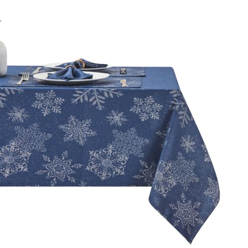 HomeJoy Navy Silver 60x84 Oblong Christmas Sparkling Snowflake Tablecloth - Waterproof, Stain Resistant, Wrinkle Free, Rectangle, Outdoor, Table Cover, Dining, Party, No-Iron Soil Resistant Woven