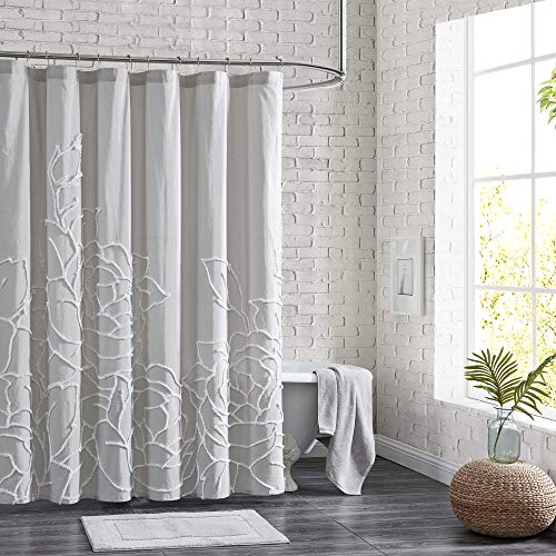 Peri Home 100% Cotton Fabric Shower Curtain for Bathroom, 72 x 72 inches, Grey Chenille Rose