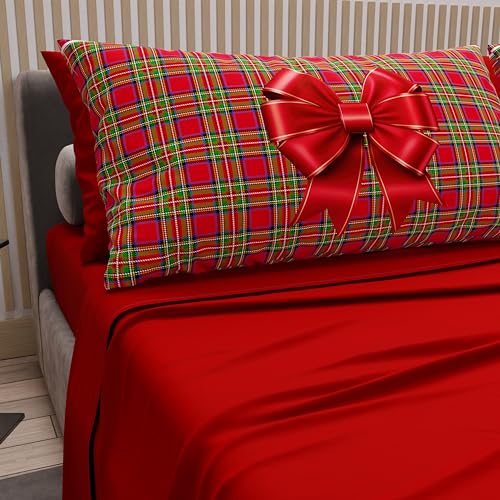 PETTI Artigiani Italiani - Double Bed Linen in Cotton with Pillowcases in Digital Print, for Double Bed, Complete Top and Bottom Sheet with Corners, Red, 100% Made in Italy
