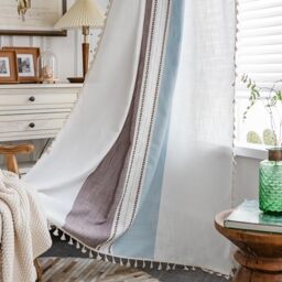"Sutuo Home Boho Curtains 84 inch for Bedroom Living Room, Semi Blackout Linen Farmhouse Tassels Window Treatment Bohemian Embroidery Drape, Rod Pocket 1 Panel 52"" W x 84"" L, Brown Blue Striped Linen"