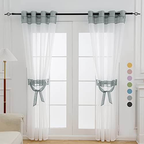 "L.Z.E White and Grey Sheer Curtains 96 Inches Long 2 Panel Set,Voile Window Curtains for Living Room Bedroom with Tiebacks Grommet Top Curtain & Drapes (56"" W x 96"" L Gray)"