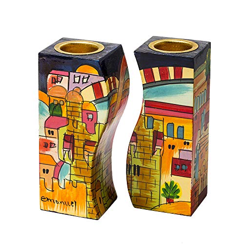 Shabbat Candlesticks Holders - Jewish Set - Yair Emanuel Fitted Shabbat CANDLESTICKS Jerusalem (Bundle)