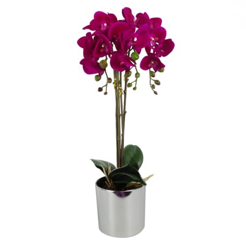 Leaf Design UK Realistic Artificial Orchid Flower Display in Pot, Dark Pink Silver