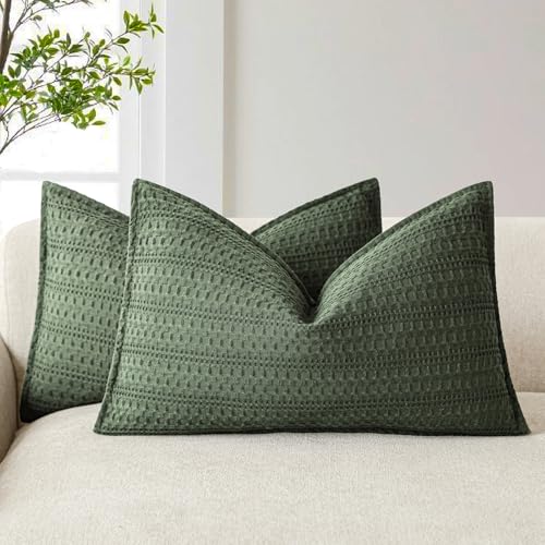 Foindtower Set of 2 Decorative Cotton Waffle Weave Lumbar Throw Pillow Covers Euro Shams Cushion Covers Accent European Pillowcase for Bed Couch Bedroom Living Room Home Decor 12??20 Inch Dark Green