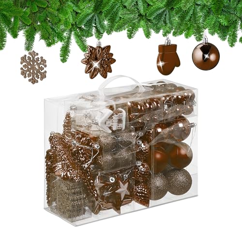Relaxdays 100x Christmas Ornaments, Baubles, Glittering, Matte & Shiny, Tree Decorations, Plastic, 10 Designs, Brown