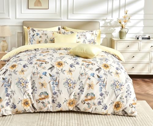 SLEEPBELLA King Size Duvet Cover Set with Button Closure - Blue and Yellow Botanical Luxury Bedding for a Comfortable Sleeping