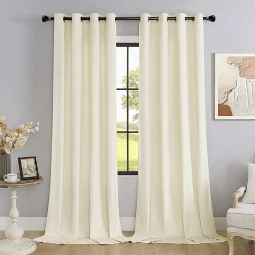 "SMILETIME Ivory White Velvet Curtains 52""x96"" Grommet 2 Panels - OEKO-TEX & GRS rust-proof grommets light filtering heat insulated noise reducing, living room bedroom study, machine washable"