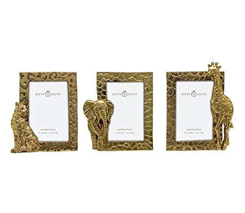 GIFTY GIFTY Safari Animals Mini Frame Set/Set of 3 / 2x3 In - For Tabletop Display - Perfect for Home Decor, Wedding, Graduation, Or Milestone Photos (Gold)