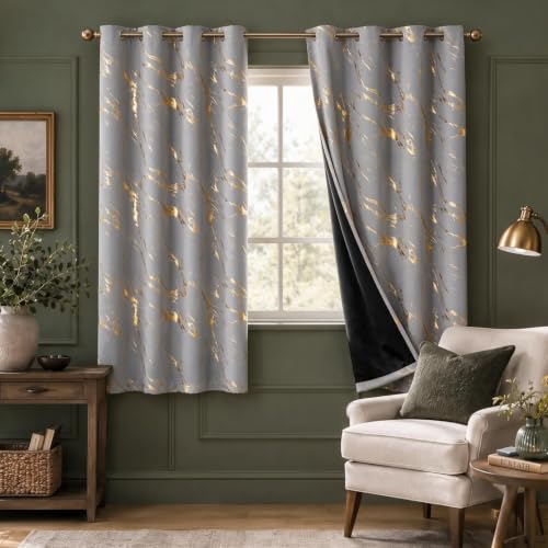 WUBODTI Grey 100% Blackout Patterned Curtains for Bedroom Bathroom Kitchen 54 Inch Length 2 Panels Set, Grey and Gold Marble Print Short Curtain Modern Grommet Thermal Insulated Room Darkening Drapes