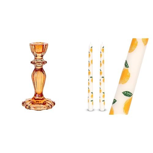 Orange Glass Candlestick Holder & Lemon Design Tapered Dinner Candles Bundle