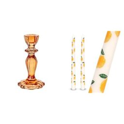 Orange Glass Candlestick Holder & Lemon Design Tapered Dinner Candles Bundle