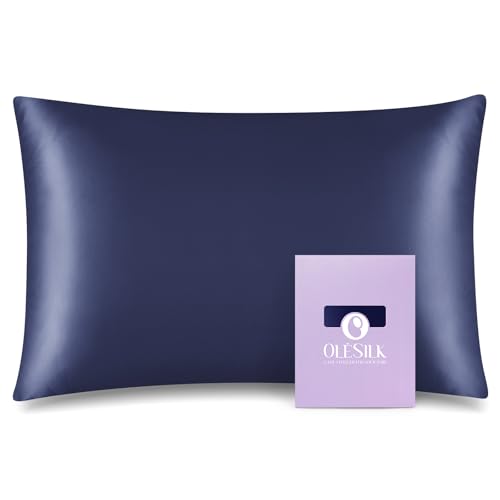 "OLESILK 100% Mulberry Silk Toddler Pillowcase for Hair and Skin, Both Sides 19 Momme Pure Natural Silk Travel Pillow Cases with Hidden Zipper, 13""x 18"", Navy"