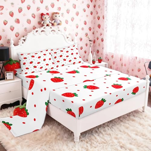 Cute Strawberry Bottom Sheet Queen,Red Polka Dot Plants Nature Bedding Set 4pcs for Kids Teens Girls Bedroom Gift,Summer Fruits Sheet Set White Cartoon Fitted Sheet+Flat Sheet+2 Pillowcases