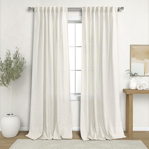 KOUFALL Natural Linen Curtains 86 Inch Length for Living Room, Cream Ivory Back Tab Rod Pocket Light Filtering Semi Sheer Curtain for Bedroom Set of 2 Panels
