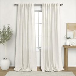 KOUFALL Natural Linen Curtains 86 Inch Length for Living Room, Cream Ivory Back Tab Rod Pocket Light Filtering Semi Sheer Curtain for Bedroom Set of 2 Panels