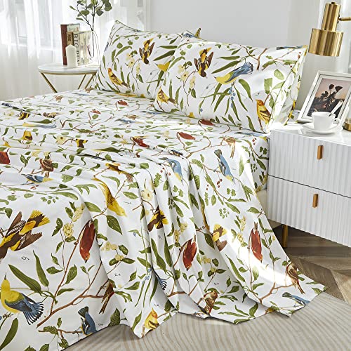 Brandream Eastern Floral Birds Chinoiserie Blossom Print Bed Sheet Set Luxury Bedding Collections 800TC 100% Egyptian Cotton Deep Pocket White Green Botanical Tree Branches Ornamental, 4Pc-Queen Size