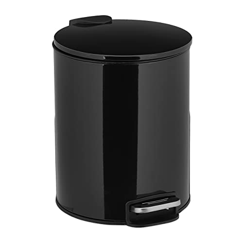 Relaxdays Bathroom Bin 5 Litre, Soft-Close, Removable Inner Container, Round Pedal Dustbin, Metal, Black