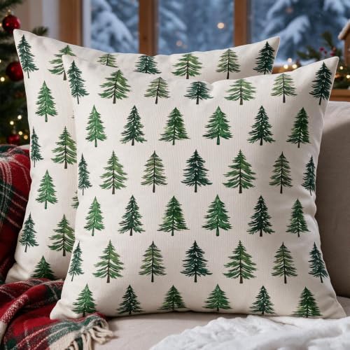 Christmas Tree Pillow Covers 20x20 Inch Set of 2 Green Cream Winter Farmhouse Forest Xmas Block Print Decorative Throw Pillowcases Outdoor Seasonal Holiday Cushion Cases Decor for Sofa Couch Bed