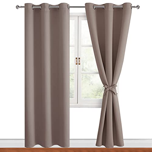 Hiasan Blackout Curtains for Bedroom, 42 x 84 Inches Long - Thermal Insulated & Light Blocking Window Curtains for Living Room/Kids Room, 2 Drape Panels Sewn with Tiebacks, Tan