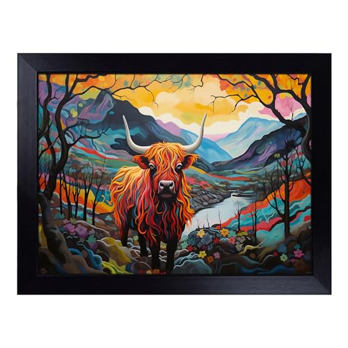 Lap Tray with Bean Bag Cushion, Highland Cow Dadaism - Handmade in the UK, Raised Wooden Edge, Padded Cushion, Heat-Resistant Wipe-Clean Surface, for Meals, Laptops and Crafts