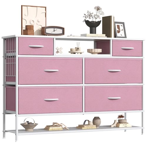 Feonase Chest of Drawers for Bedroom with Shoes Shelf, 47.2”Wide Fabric Dresser with 6 Drawers, TV Stand with Open Storage Shelf, Multi-function Storage Cabinet for Bedroom, Living room,Pink