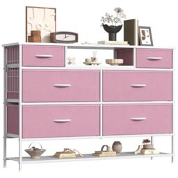 Feonase Chest of Drawers for Bedroom with Shoes Shelf, 47.2”Wide Fabric Dresser with 6 Drawers, TV Stand with Open Storage Shelf, Multi-function Storage Cabinet for Bedroom, Living room,Pink