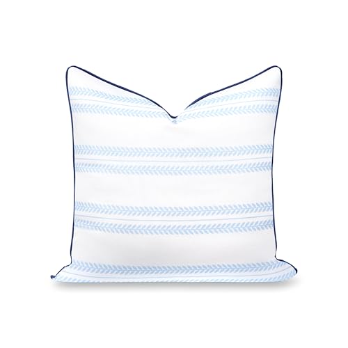"Hofdeco Premium Coastal Hampton Patio Indoor Outdoor Throw Pillow Cover Only, 22""x22"" Water Repellent for Backyard, Couch, Poolside, Baby Blue Navy Print Leaf Striped"