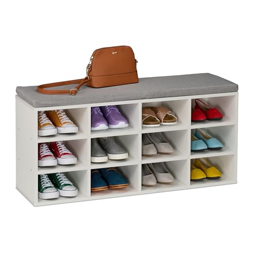 Relaxdays Shoe Bench, 12 Compartments, 49.5x104x31 cm, Padded Seat, for Hallway & Bedroom, Footwear Storage, White/Grey
