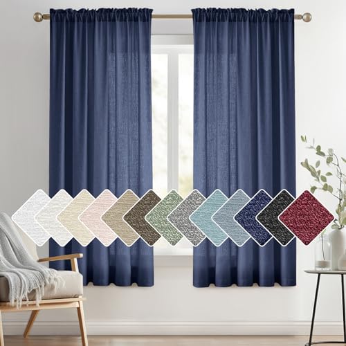 "Melodieux Semi Sheer Curtains - 54 Inches Long, Bedroom Short Sheer Curtains, Faux Linen Farmhouse Light Filtering Rod Pocket Shiny Sheer Drapes Home Office (52"" W x 54"" L, 2 Panels)"