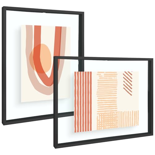 Frametory, 11x14 Floating Picture Frame - Metal Photo Frame - Real Glass - for Wall Mount or Tabletop Displays (Black, 2 Pack)