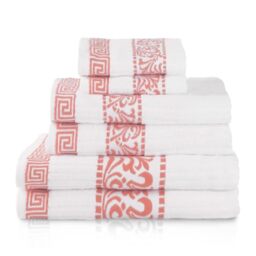 Superior 6-Piece Cotton Towel Set, Decorative Greek Pattern, Home Essentials, Absorbent Towels, Bathroom Decor, Spa, Resort, Includes 2 Hand, 2 Face and 2 Bath Towels, Athens Collection, Coral