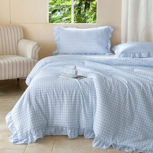 NSNLGSGC Light Blue Ruffle Gingham Comforter Set Twin, Pre-Washed Ruffled Plaid Checked Comforter Bedding, 2 Pieces Vintage Farmhouse Grid Bedding Set(Blue Gingham, Twin)