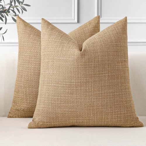 OTOSTAR Pack of 2 Throw Pillow Covers 24x24 Inch Linen Light Brown Pillowcases Farmhouse Decorative Solid Pillow Covers 60x60 cm Square Cushion Case for Home Decor Sofa Couch Bed (Light Brown)