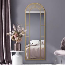 "MirrorOutlet The Arcus - Gold Framed Modern Full Length Arched Leaner/Wall Mirror 67"" X 24"" (170CM X 60CM) Silver Mirror Glass with Black All weather Backing"