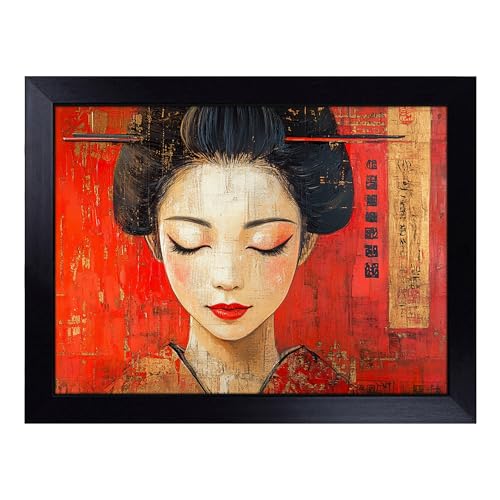 Lap Tray with Bean Bag Cushion, Geisha Japanese - Handmade in the UK, Raised Wooden Edge, Padded Cushion, Heat-Resistant Wipe-Clean Surface, for Meals, Laptops and Crafts