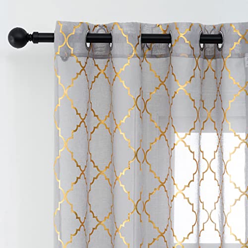 Kotile Gold Grey Sheer Curtains 108 Inches Long 2 Panels Glitter Moroccan Design Shimmer Sheer Curtains for Tall Windows, Grommet Light Filtering Privacy Sheer Window Curtains, W52 x L108 Inch