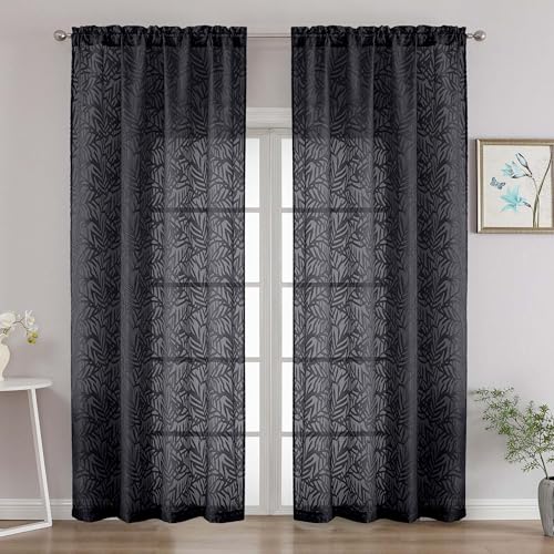 OVZME Extra Wide Charcoal Grey Sheer Curtains 96 Inches Long 2 Panels, Light Filtering Airy Textured Drapes for Living Room Sliding Door, Long Sheer Curtains with Dual Rod Pocket, 2x52Wx96L Inches