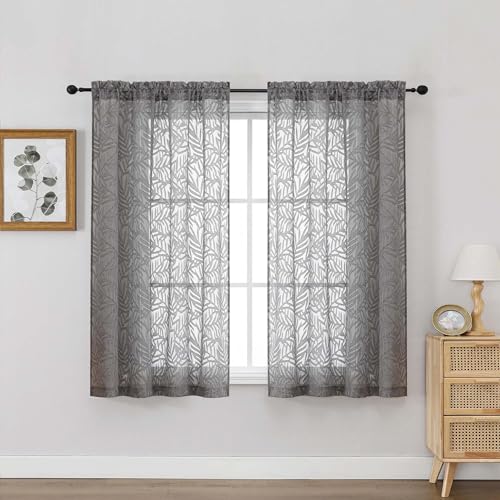 OVZME Black Sheer Curtains 54 Inch Length 2 Panels, Soft Airy Light Filtering Breathable Leaf Clip Jacquard Textured Short Drapes for Bathroom Bedroom Windows, Dual Rod Pocket, 2x42Wx54L Inches
