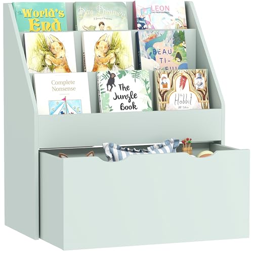 AIYAPLAY Kids Bookshelf, Bookcase Toy Storage Organiser with 3 Tier Shelves, Drawer, for Bedroom, Nursery, Playroom, Classroom, Green