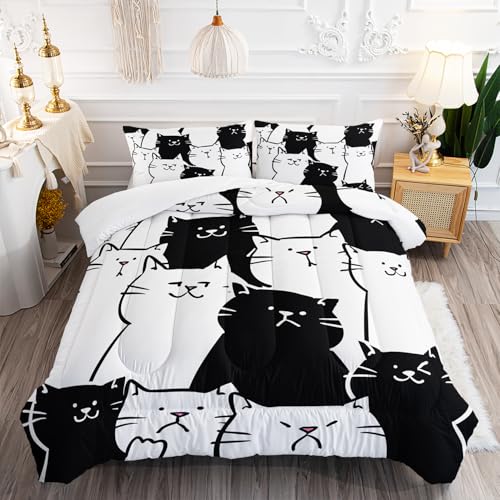 XYNHML Kids Cartoon Cat Comforter 3Pcs Twin Black and White Kitten Bedding Cute Pet Cat Comforter Set for Teens Kids Boys Girls Adults Kawaii Line Cute Cat Quilt with 1 Comforter and 2 Pillowcases