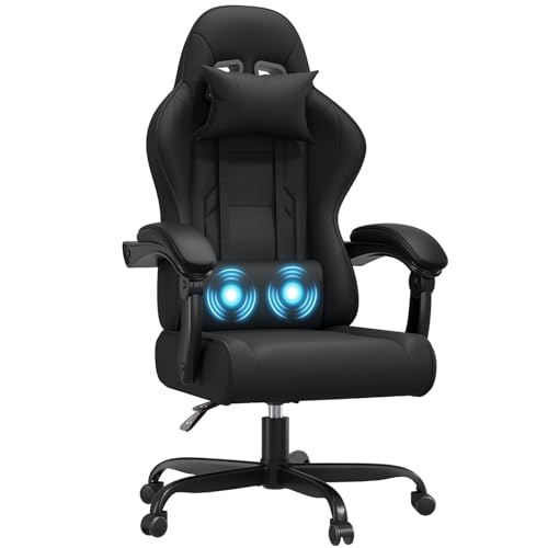 JUMMICO Ergonomic Gaming Chair with Massage Function,Racing Style High Back Reclining 135°, PU Leather Home Office PC Gaming Chair 150 kg - Black