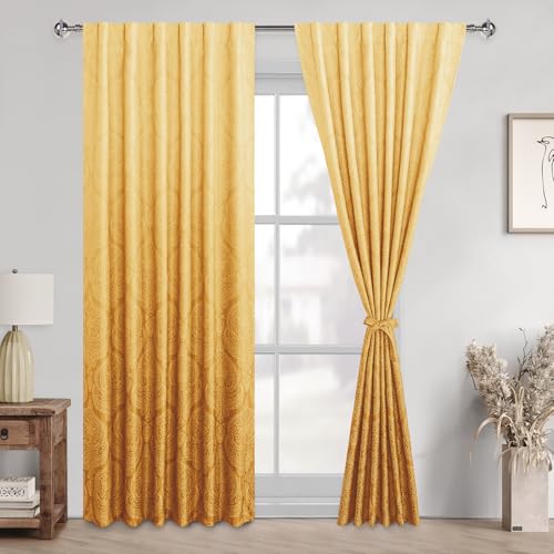 DWCN Damask Patterned Curtains 84 inches Length - Back Tab Room Darkening Window Drapes with Tiebacks Thermal Insulted Ombre Blackout Curtains for Bedroom, 2 Panels, W52 x L 84, Gold Yellow