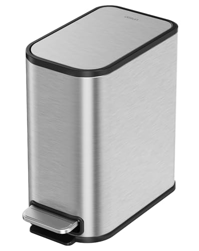 Cesun Silver Bathroom Trash Can, 1.3 Gallon Small Garbage Can with Lid, Metal Slim Trash Bin with Foot Pedal, Waste Basket for Bathroom, Bedroom, Office, Silver, 5 Liters