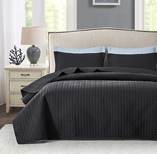 Maple&Stone Quilt Set Queen Size, Herringbone Lightweight Bedspread, Coverlet with Shams - (Black, Queen)