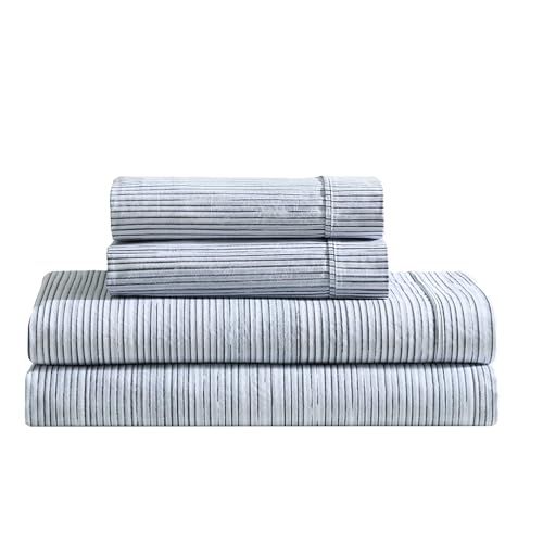 Calvin Klein - King Size Sheets Set, Crisp & Tailored Cooling Sheets w/a Naturally Smooth Cotton Percale Lightweight Feel - Bed Sheets with Matching Pillowcases & Fitted Sheet (Wavy Stripe Blue)