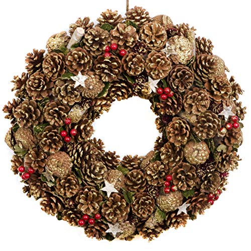 GreenBrokers Christmas Hanging Wreath 48cm - Festive Pine Cone Display with Gold Frosting
