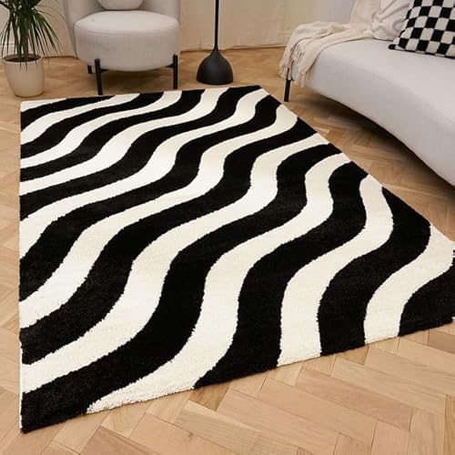 THE RUGS Joli Area Rug - Soft Dense Pile Modern Artistic Design, Durable & Easy Care Carpet for Living Room & Bedroom - Striped Black & White, 120 x 170 cm